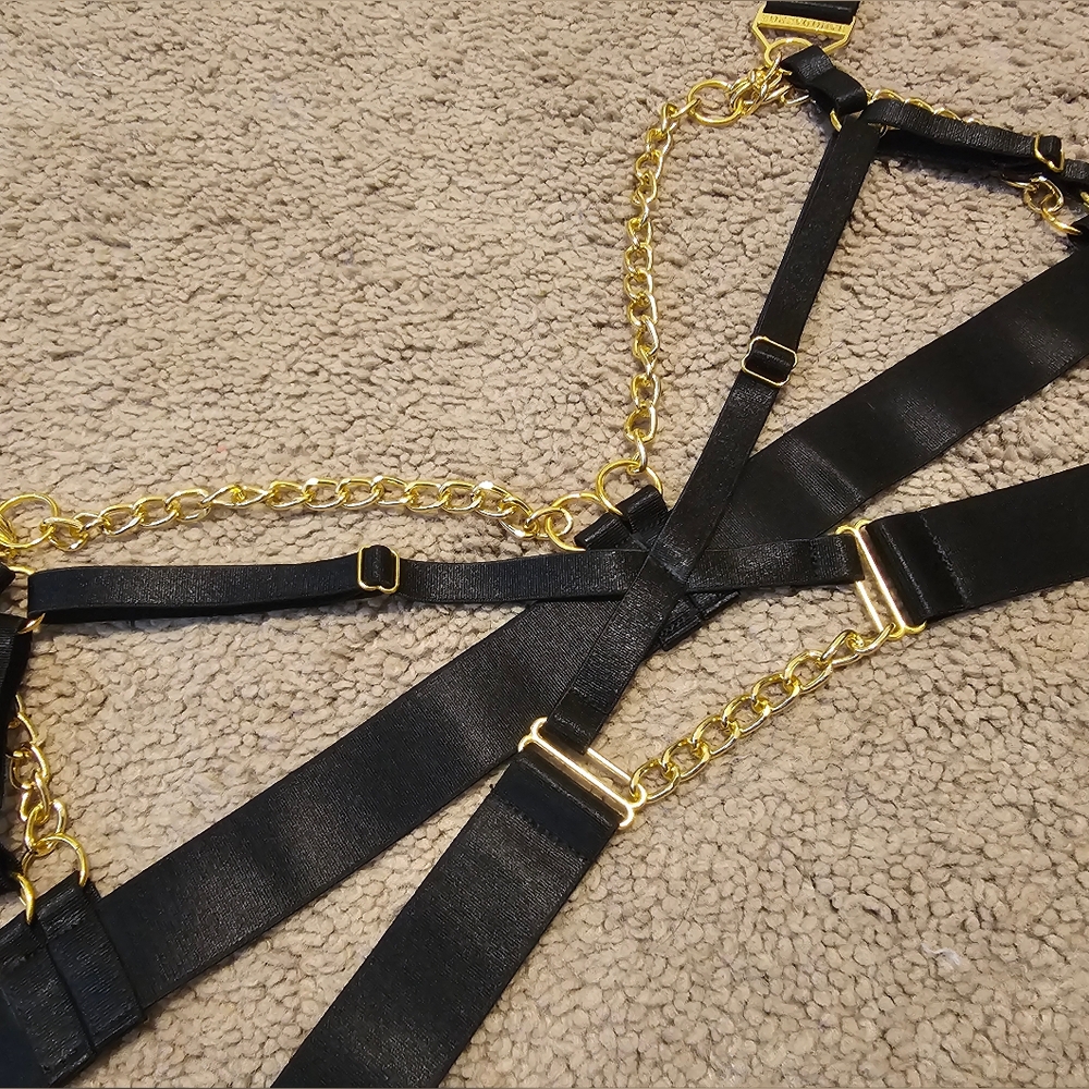 Black & Gold Strappy Open Cup Harness Bra Top